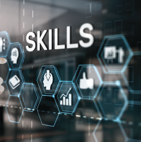 Clear board with writing including skills